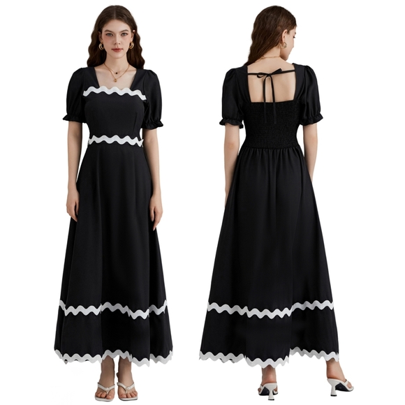 NWT BTFBM Black White Ric Rac Square Tie Smocked Tiered Puff Sleeve Maxi Dress L - Picture 14 of 15